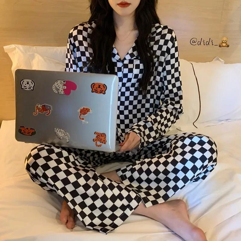 Pajamas Women's Autumn Winter Long Sleeve Long Pants Plaid Cardigan Vintage Red Plaid Wearable Lounge Set Women's University Stu