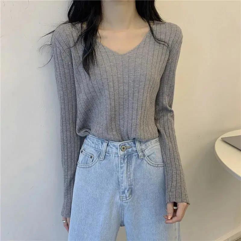 

Свитер женский корейский тонкий с V-образным вырезом и длинными рукавами свитер трикотаж универсальный топ пуловер свитер в полоску M серый