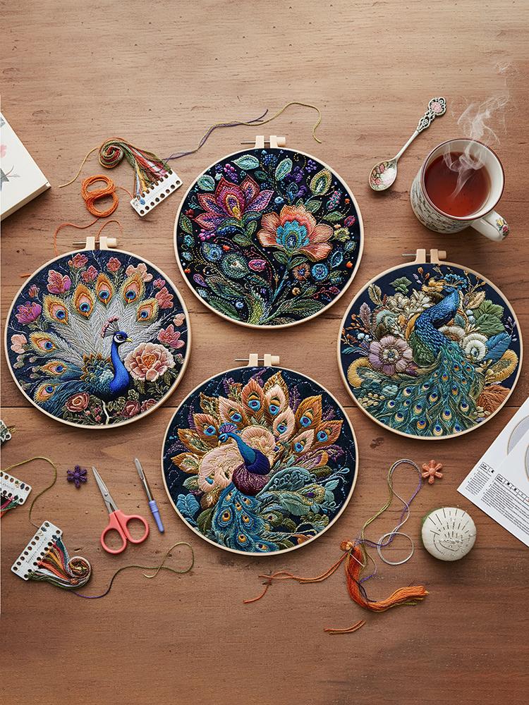 4 Pack Stamped Cross Stitch Kits with Embroidery Hoop Needles Threads Instruction Embroidery Kit Cross Stitch Set for Beginners