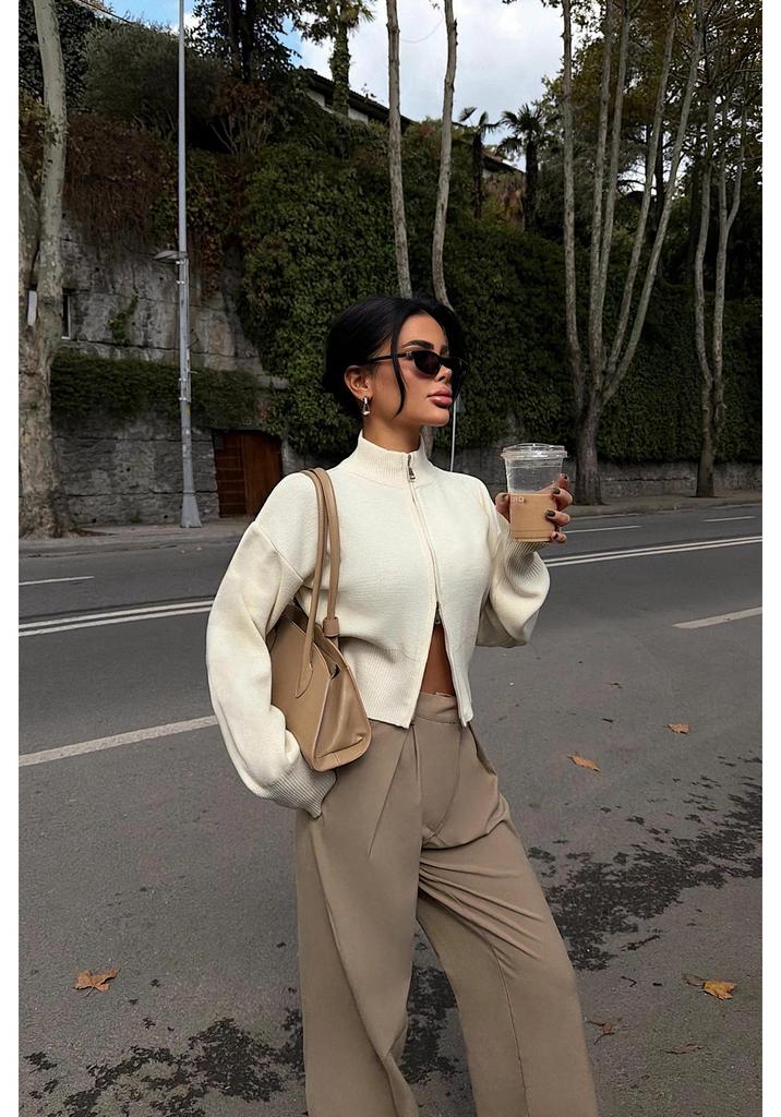 European & American Style Knit Zipper Cardigan: Women's Half-high Collar, Loose Long Sleeve, Cropped Soft Fluffy Sweater.