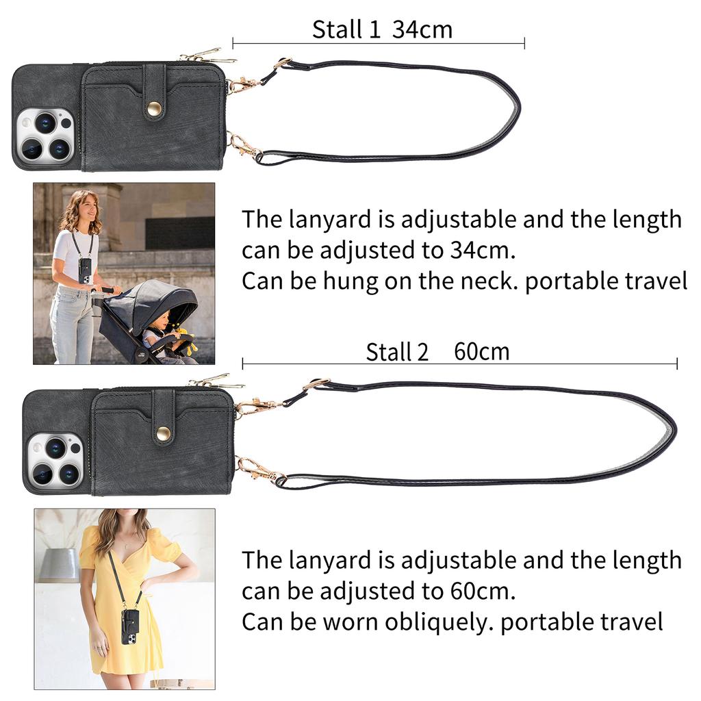 For iPhone 16 Pro Case Zipper Card Holder PU Leather Phone Back Cover with Long Strap