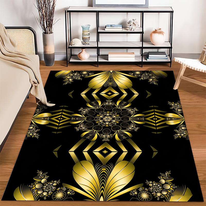 Black and Gold Geometric Pattern Carpet with Floral Mandala Design Suitable for Use As an Anti-slip for Living Room Bedroom Sofas