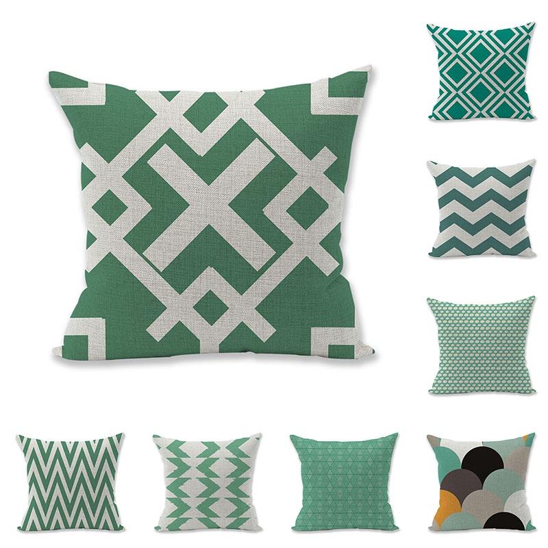 Premium Quality Green Geometry Cotton Linen Pillow Case For Versatile Home And Office Use