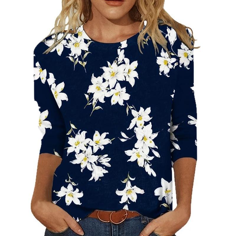 Spring and Autumn Round Neck 3D Flower Pattern Printed Top Fashionable Casual Elegant Long Sleeved Women's T-shirts
