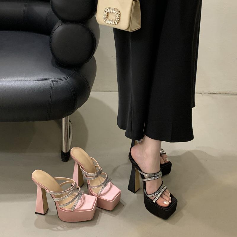 Waterproof table temperament celebrity super high heels women's square head thick heel women's shoes one-word diamond with cool slippers