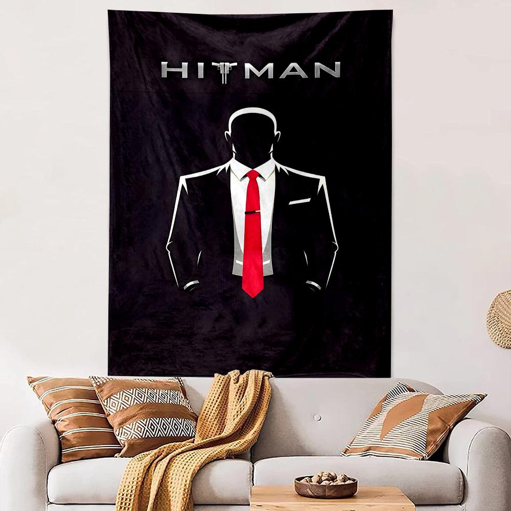 Tapestry Hitman Agent 47 Silhouette Red Tie Assassin Game Wall Hanging Men Cave Bedroom Decor