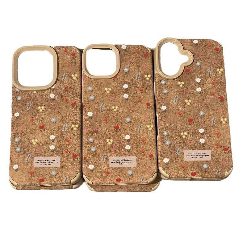 Brown Large hole Veneered Small Floral Apple 16promax Phone Case 14iphone15 Cartoon Japanese and Korean Cute