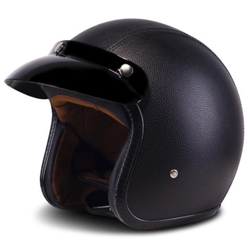 Vintage Black Leather 3/4 Open Face Motorcycle Chopper Bike Helmet PU Leather Motorbike Safety Gear for Men And Women