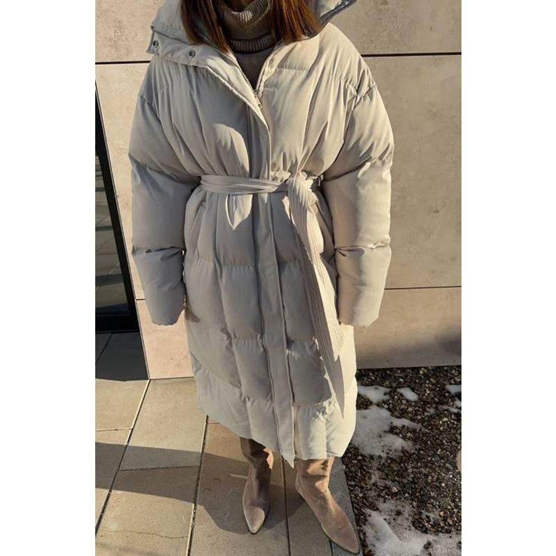 Women S Casual Waist Cinched Long Thick Warm Puffer Cotton Coat Brown