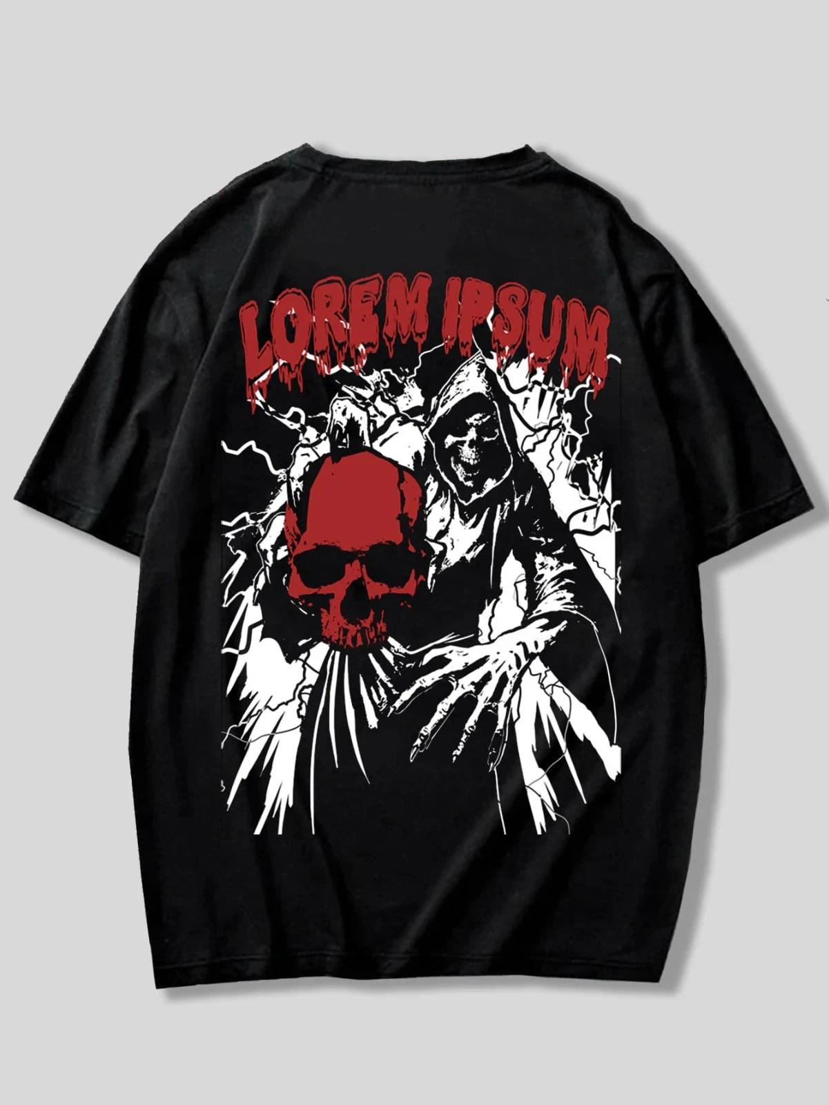 Guys Skull Graphic Cotton T-Shirt – Letter Print Streetwear Tee, Casual Gothic 2XL