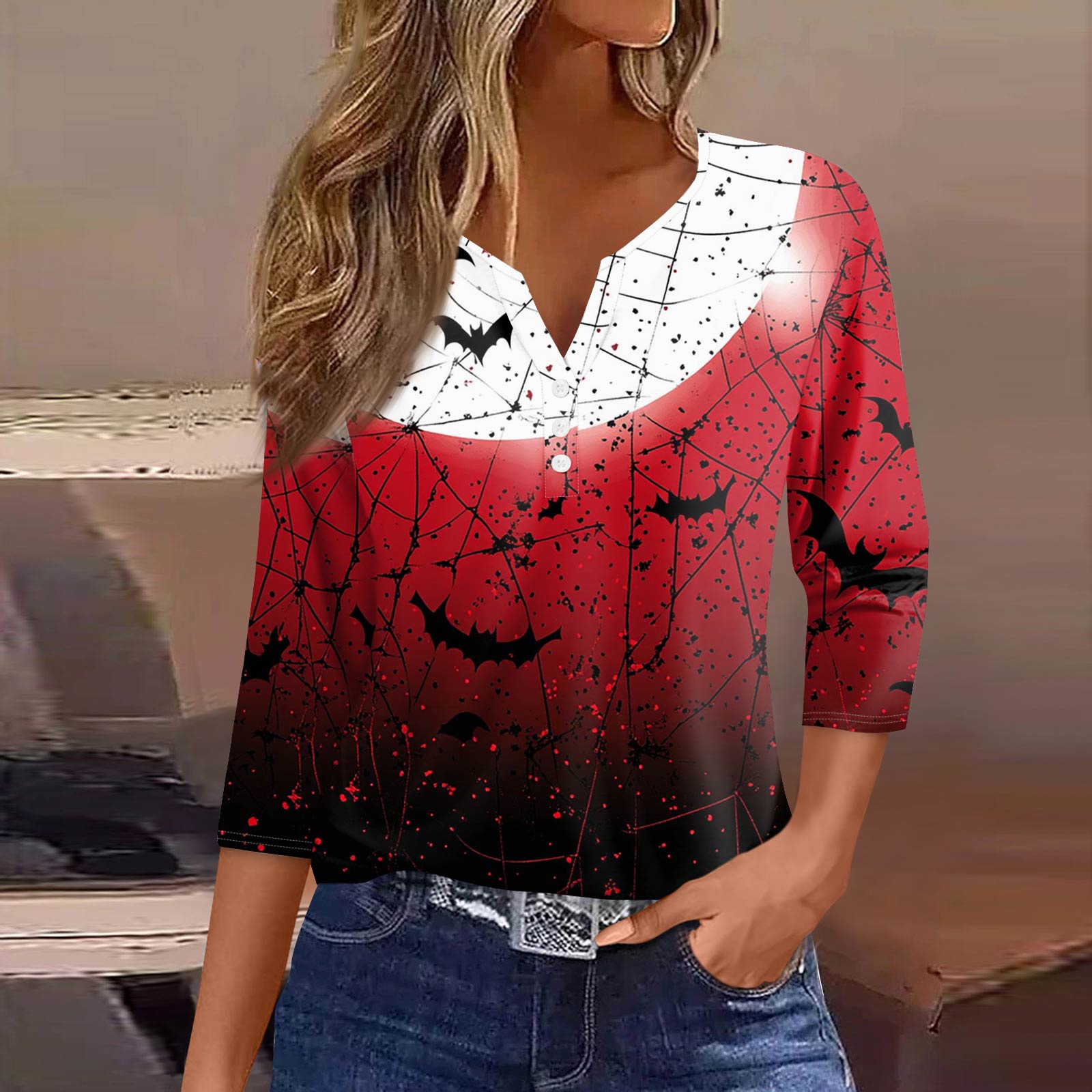 

Женская модная повседневная футболка с V-образным вырезом, рукавами семь, напечатанным на пуговицах XL винный