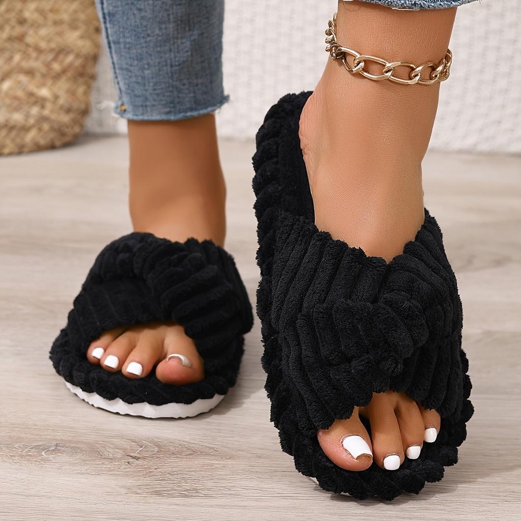 Couple Style Slippers, Lightweight for Home Use. Classic Elegance, Crossed Straps, Fluffy and Soft, Skin Friendly and Warm, One Foot Kick