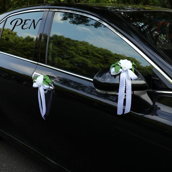 All Weather Car Flower Set Artificial White Rose Wedding Decoration, Door Handle & Rearview Mirror Bouquet Resistant Flowers with Satin Ribbon Bow And