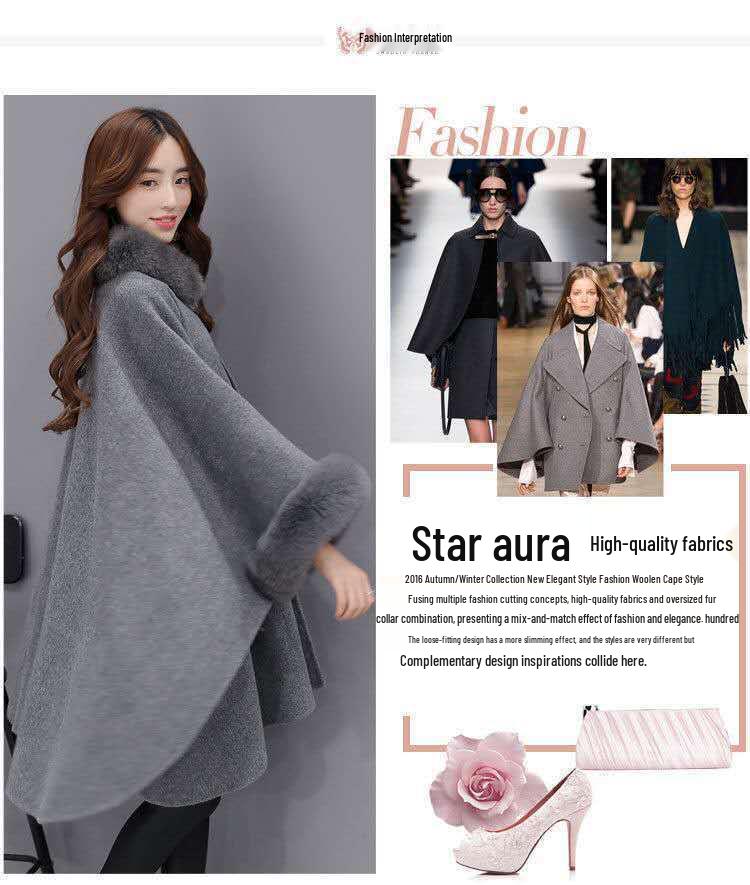 Women's Hepburn Style Wool Coat with Large Rabbit Fur Collar - Autumn/Winter Mid-Length Cape Shawl, Plus Size Available.