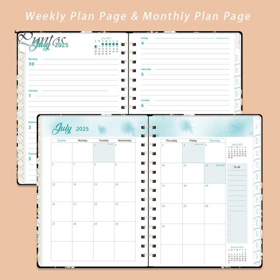 Planer 2025–2026, Juli 2025 – Juni 2026, 12 Monate, Tages-, Wochen- und Monatsplaner, Notizbuch mit Blumendruck und Spiralbindung für Zuhause, Büro und Schule