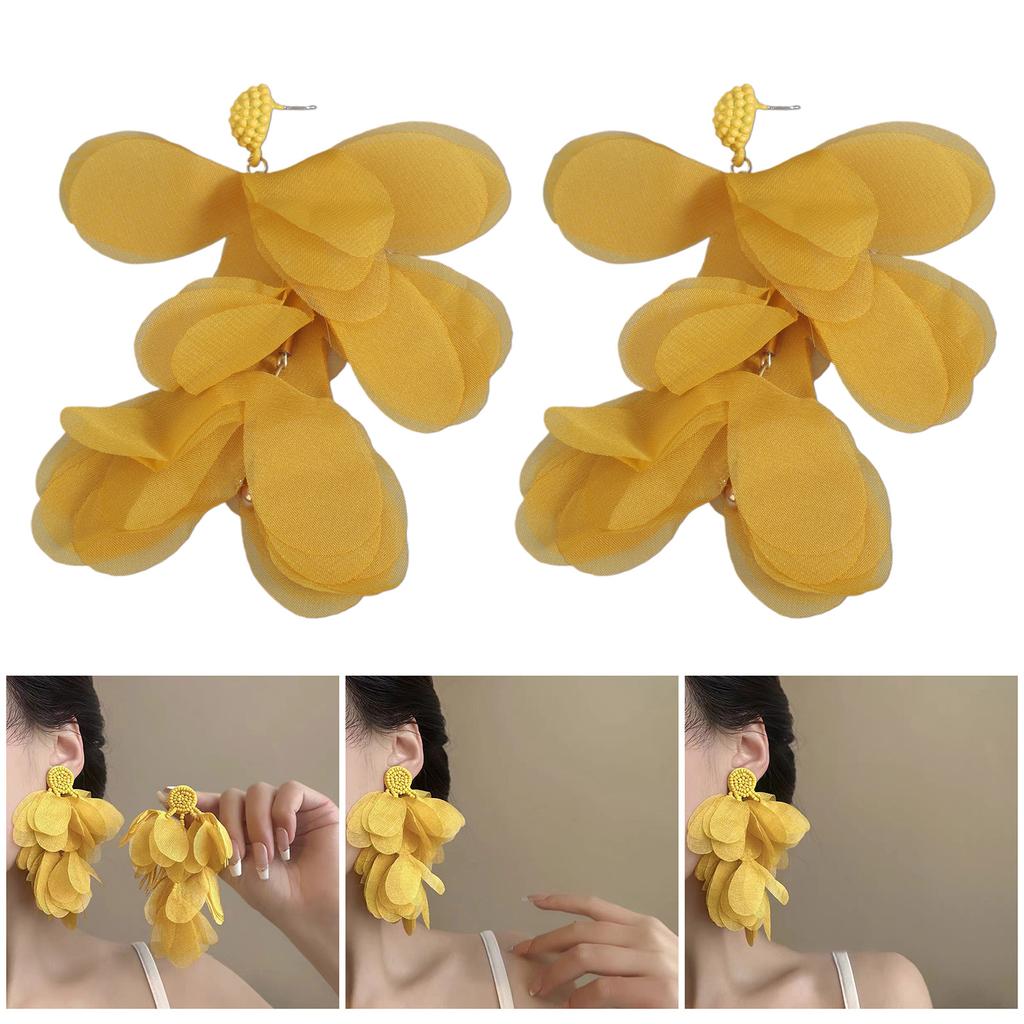 Lightweight Chiffon Flower and Beaded Dangle Earrings Ear Rings Fashion Accessories for Vacation and Everyday Wear