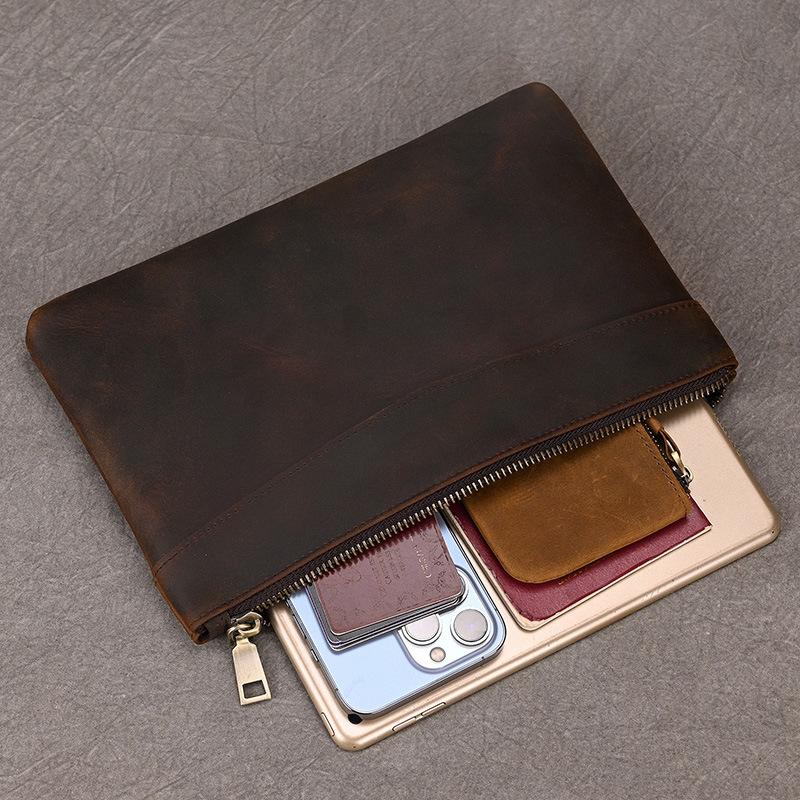 Men's Crazy Horse Leather Handbag, Genuine Leather Large Capacity Long Wallet, Retro Business Leather Handbag with Wrist Strap