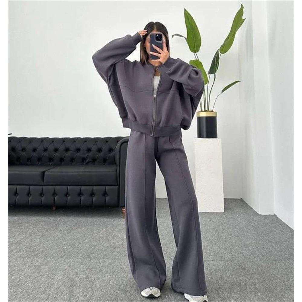Sweatshirt Two-piece Suit Women's Casual Sets Loose Zipper-up Short Jacket Tops Straight Trousers Sports 2-piece Sets Lady