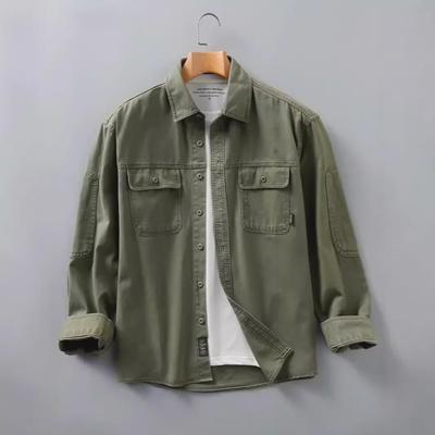 Men's Vintage Army Green Washed Cotton Shirt Jacket - Heavyweight, Loose Fit, Casual Workwear for Spring and Autumn