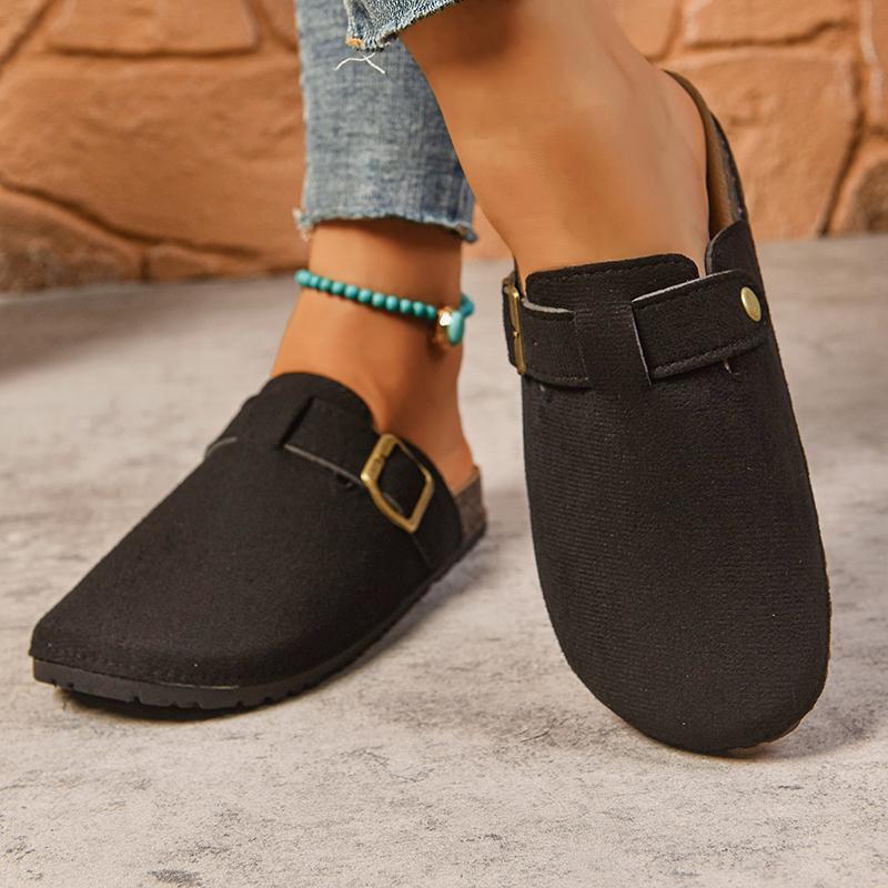 Fashion Buckle Decor Flat Slippers Women 2025 Summer Closed Toe Thick Sole Non Slip Flats Woman Plus Size Light Comfort Casual Slides