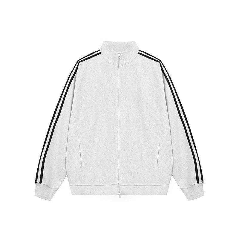 Men's Trendy Striped Stand Collar Jacket for Spring/Autumn - Contrast Color Three-Stripe Cardigan Sweater for Couples.