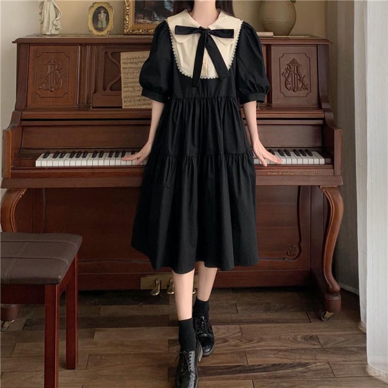 KOSY Puff Sleeve Sundress Women A Line Elegant Vintage Sweet Girl Fashion Midi Dresses Preppy Style Black Dress