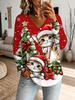 Women'S V-Neck Long Sleeve Top, Christmas Hat Cute Cat Print, Christmas Tree Gift Holiday Casual Pullover Long Sleeve Shirt