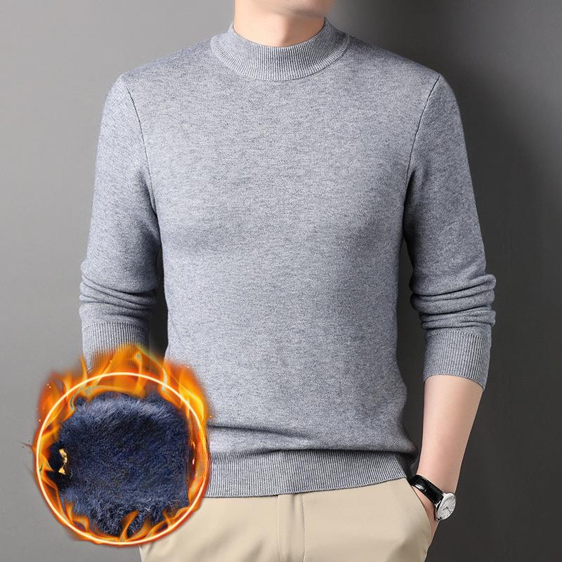 Autumn and Winter Men's Sweater Half-height Round Neck Solid Color Knitted Sweater Elastic High-quality Plush Thickened Bottoming Shirt