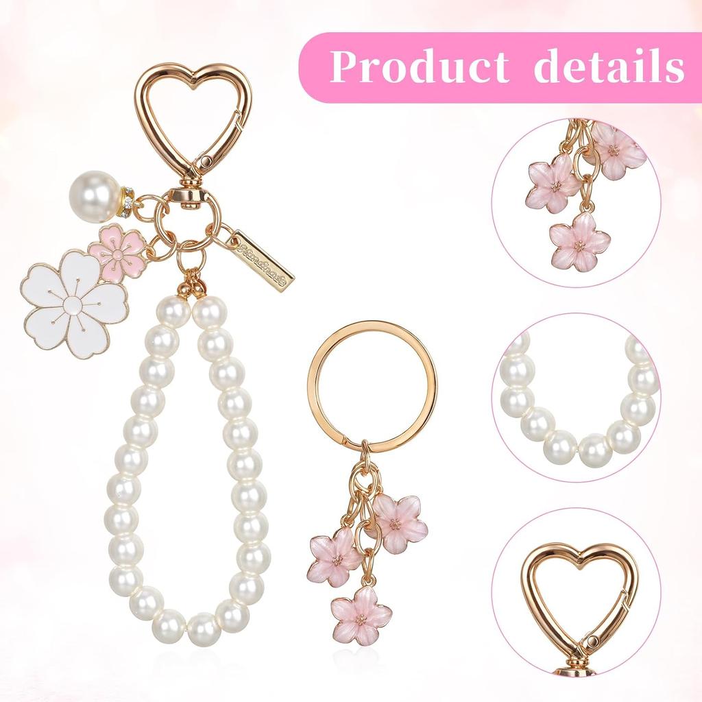 Piriuuo 2 Pcs Cute Pearl Keychains for Women, Flower Keychain Kit Imitation Pearl Chain Key Chain Golden Car Key Chain Flower Keychain Charm for