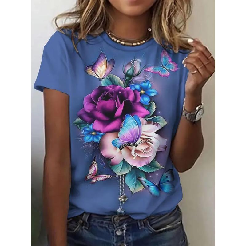 Summer Round Neck Women's T-shirt Fashionable 3D Flower Print Short Sleeved Casual Top Y Street Women's Clothing