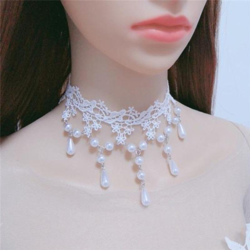 Women Party Necklace Hollow Out Lace Faux Pearl Decor Tassel Prom Cosplay Halloween Carnival Choker Wedding Performance Neck Jewelry