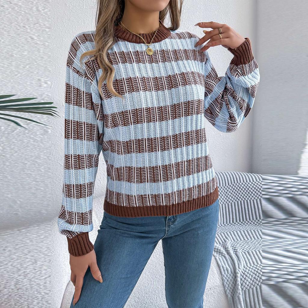 Women's Round Neck Vintage Striped  Long Sleeve Pullover Sweater