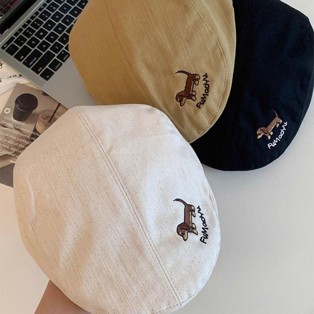 Japanese Style Cartoon Forward Hat Short Brim Painter Hat Puppy Embroidery Berets Cap Outdoor