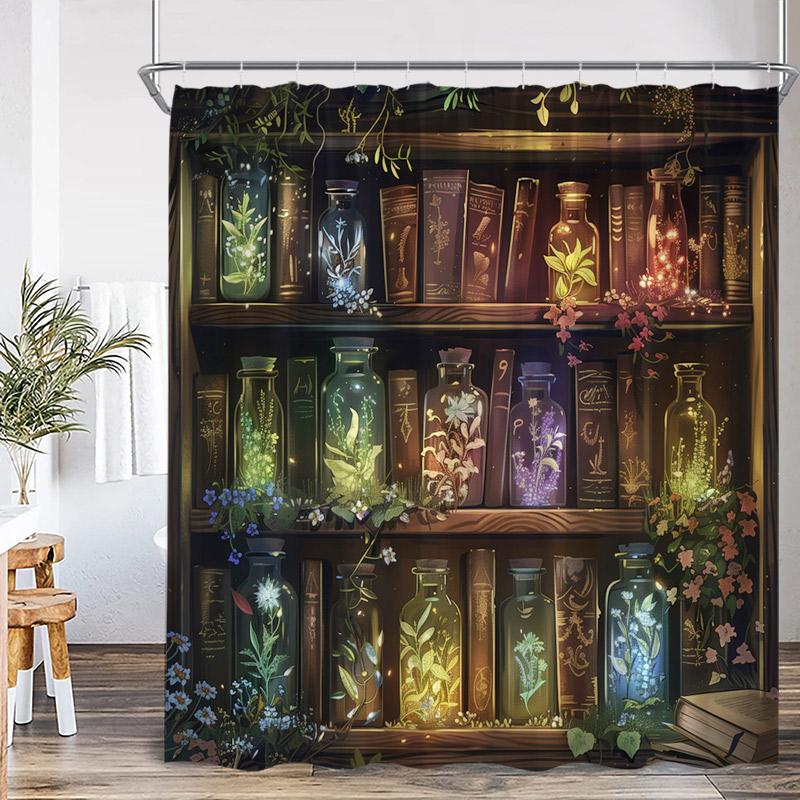 Vintage Bookshelf Shower Curtain Retro Book Green Plant Leaves Modern Fabric Home Wall Hanging Bathroom Curtain Decor with Hooks