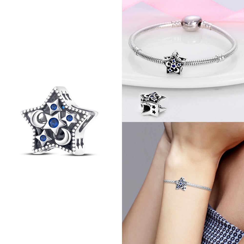 Original Blue Star Spaceship Heart Charms 925 Silver Beads for Women DIY Bracelet Necklace Jewelry Gift