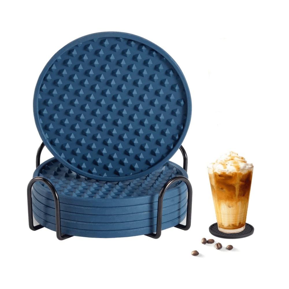 Silicone drink coasters with metal holder, 6-piece drink coasters - absorb moisture and prevent table damage, black silicone coasters