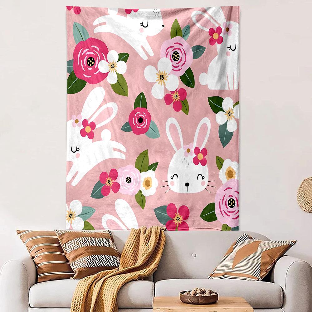 Cute Bunnies and Floral Pink Tapestry Patterned Tapestry Decorative Wall Hanging, Home Bedroom Living Room Decor