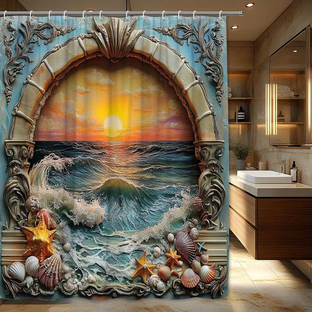 1pc Sunset Seaside Shower Curtain with Vibrant Ocean Waves & Sculpted Stone Frames - Serene Coastal Landscape Design, Polyester W90xH180cm