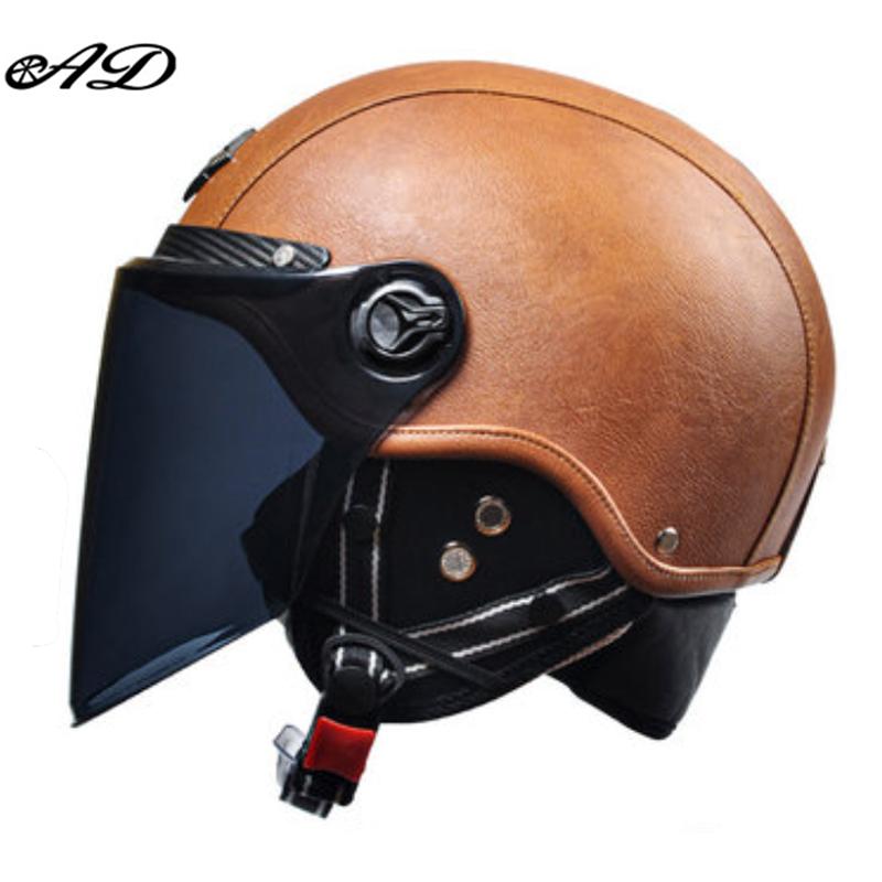 AD Retro Motorcycle Helmets with Harley Visor Leather Helmet for Man Electric Motorbike Vintage Protected Motor Safety Cap