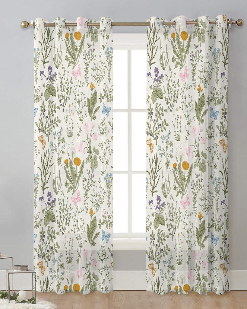 Vintage Kräuterblumen Schmetterling Blume Transparente Vorhänge für Wohnzimmerdeko Fenstergardinen Küche Tüll Voile Vorhänge