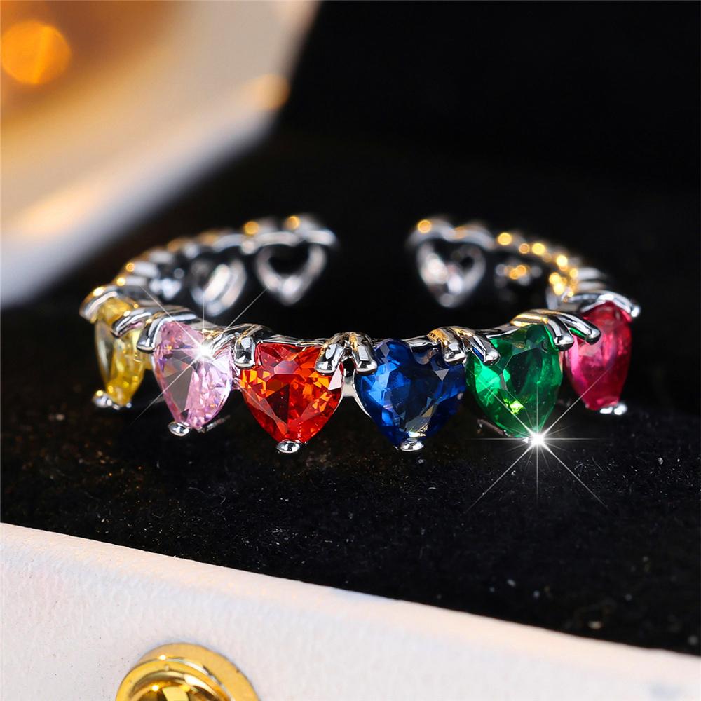 Cute Female Rainbow Zircon Stone Adjustable Heart Ring Vintage  Color Open Wedding Jewelry For Women