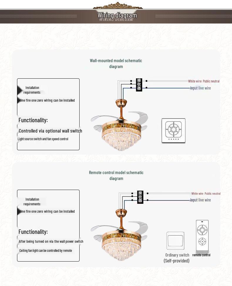European Light Luxury Crystal Ceiling Fan with Invisible Blades for Living Room, Bedroom, and Restaurant.