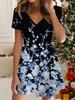 Fashion Women's V Neck Short Sleeve Beautiful Flowers Printed  Dress Sex Short Skirt Dresses