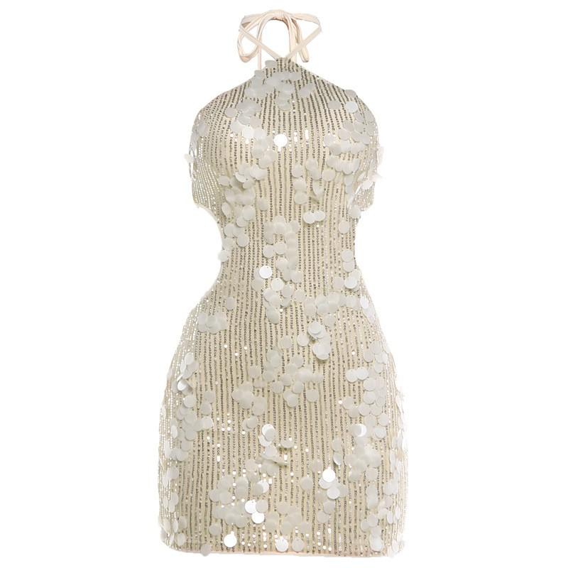 2026 Womens Sequin Sexy Backless Halter Lace Up Bodycon Mini Dress Nightclub Party