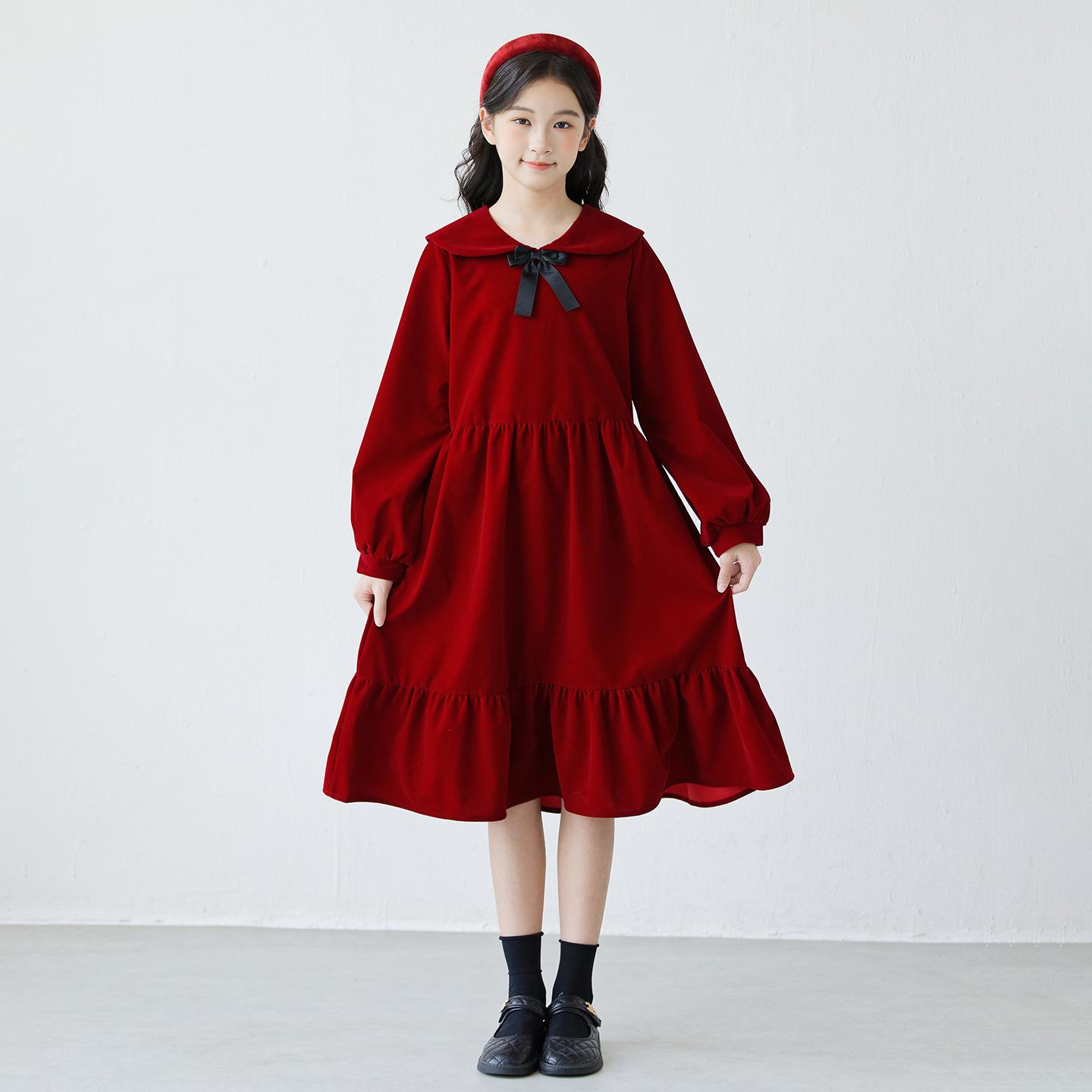 

2025 Autumn/Winter Velvet Korean Style Girls Princess Dress with Bow and Turn-Down Collar 130 cm