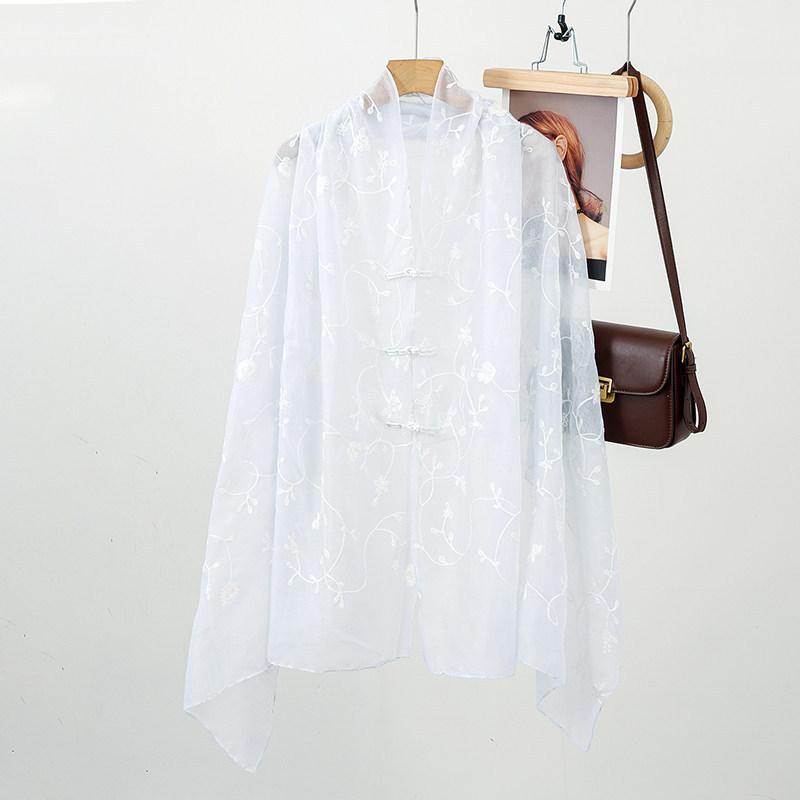 New Chinese ethnic style embroidered flower shawl antique buckle cardigan loose long women's cotton and linen travel scarf