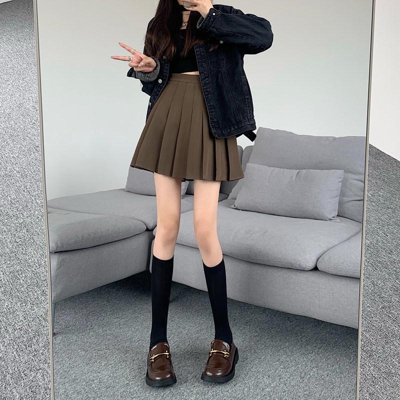 Women's Plus Size Woolen A-Line Pleated Skirt in Khaki - High Waist, Short Length for Spring and Autumn