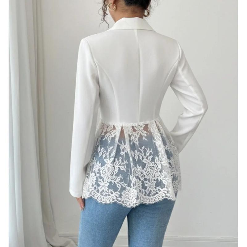 Women Elegant Hem Black Suit Coat Fashion V-neck Single Breasted Color Lace Patchwork Blazer Waist Slimming Women's Suit Jacket