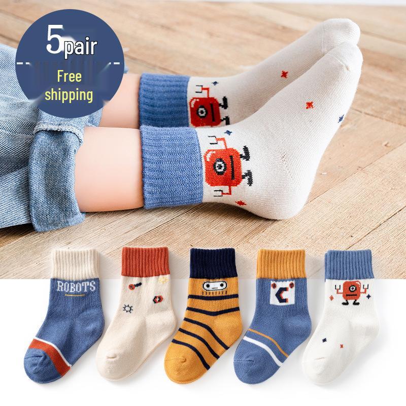 Children's Cartoon Mid-Calf Socks - 5 Pairs for Boys and Girls (Spring, Autumn, Winter)