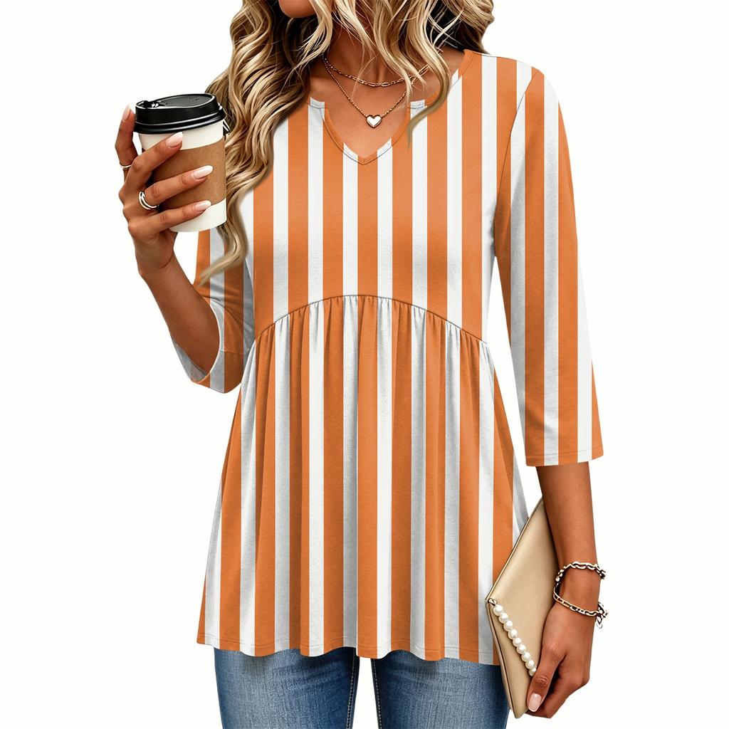 Damen Freizeitbluse mit Streifenmuster, V-Ausschnitt und Dreiviertelärm für die Arbeit oder den Alltag